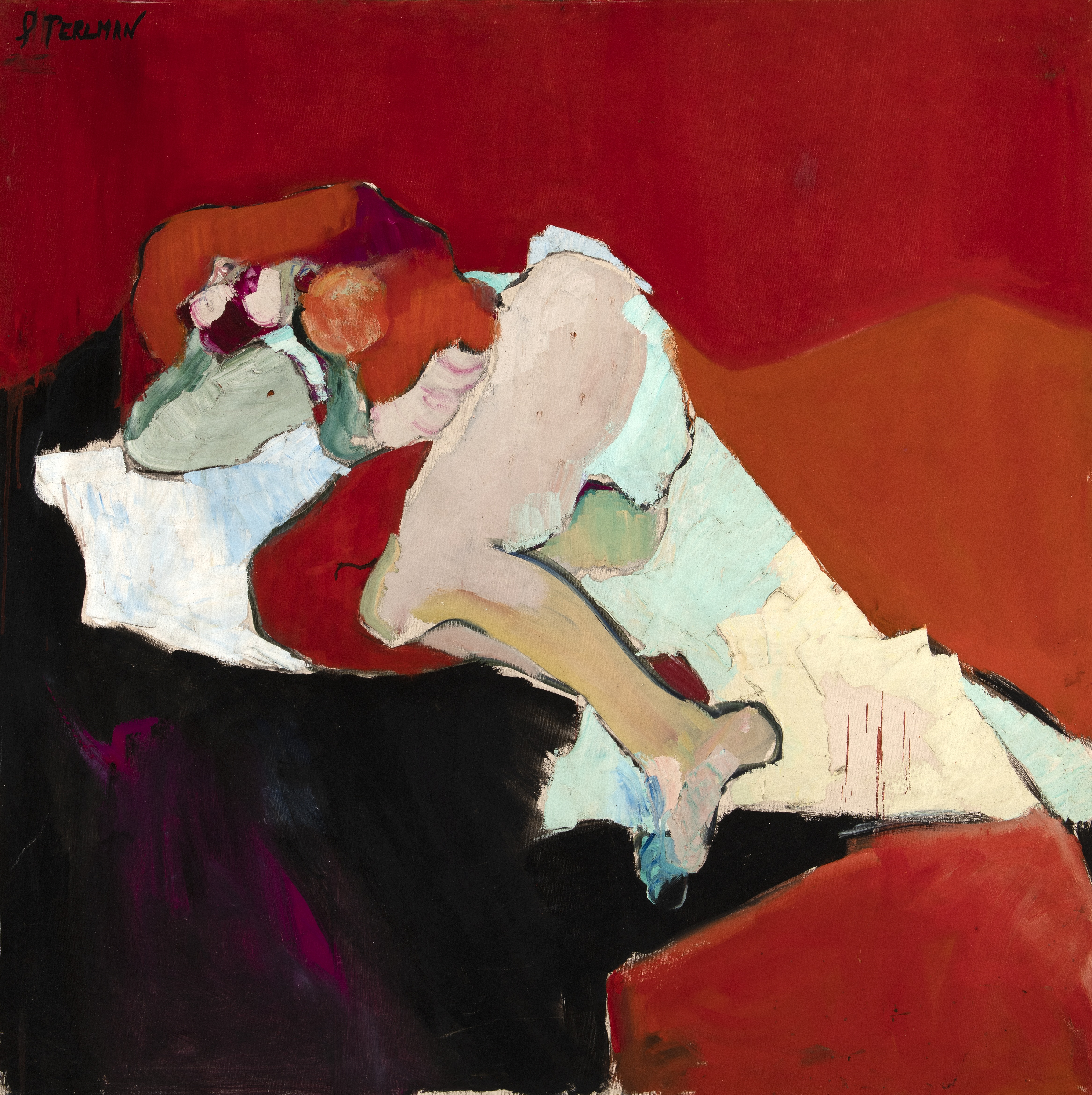 Illustration of Suzanne Perlman's painting "Red Nude," depicting a reclining nude figure in expressionistic brushstrokes against a red background.