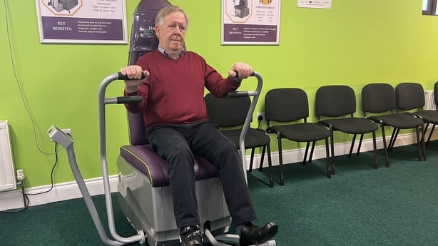 Tom McGettrick, a farmer living with Parkinson's disease on an exericise machine