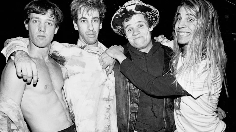 (L-R) Jack Irons, Hillel Slovak (1962 - 1988), Flea (born Michael Balzary), and Anthony Kiedis. Photo by Gary Gershoff on Getty Images