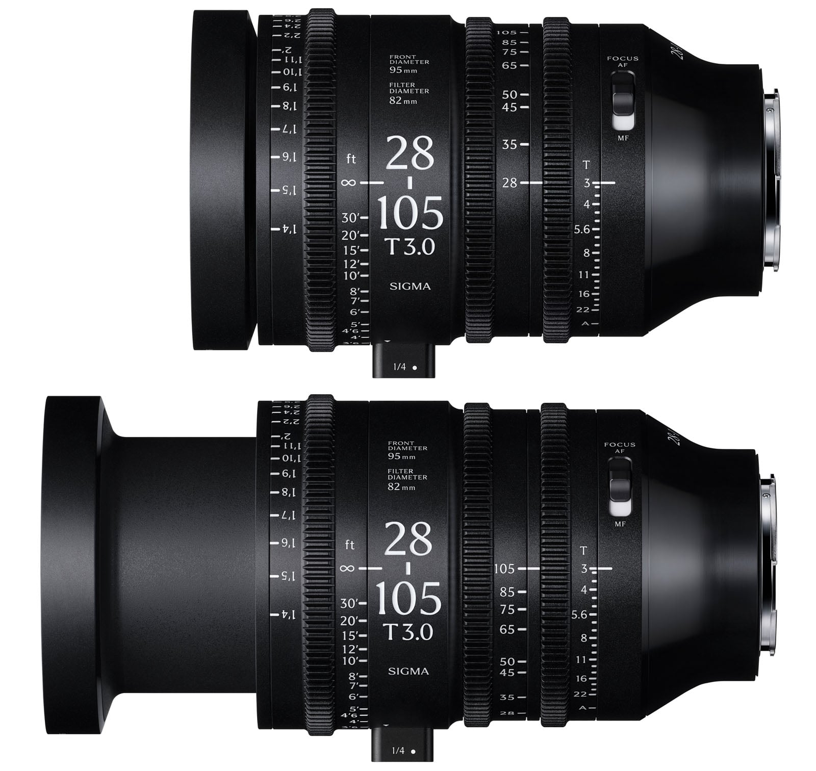 Two black Sigma 28-105mm T3.0 cine camera lenses shown side by side; the top lens is in a retracted position, and the bottom lens is extended, revealing more of the lens barrel and markings.