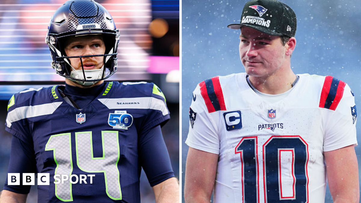 Sam Darnold of the Seattle Seahawks and Drake Maye of the New England Patriots ahead of the Super Bowl
