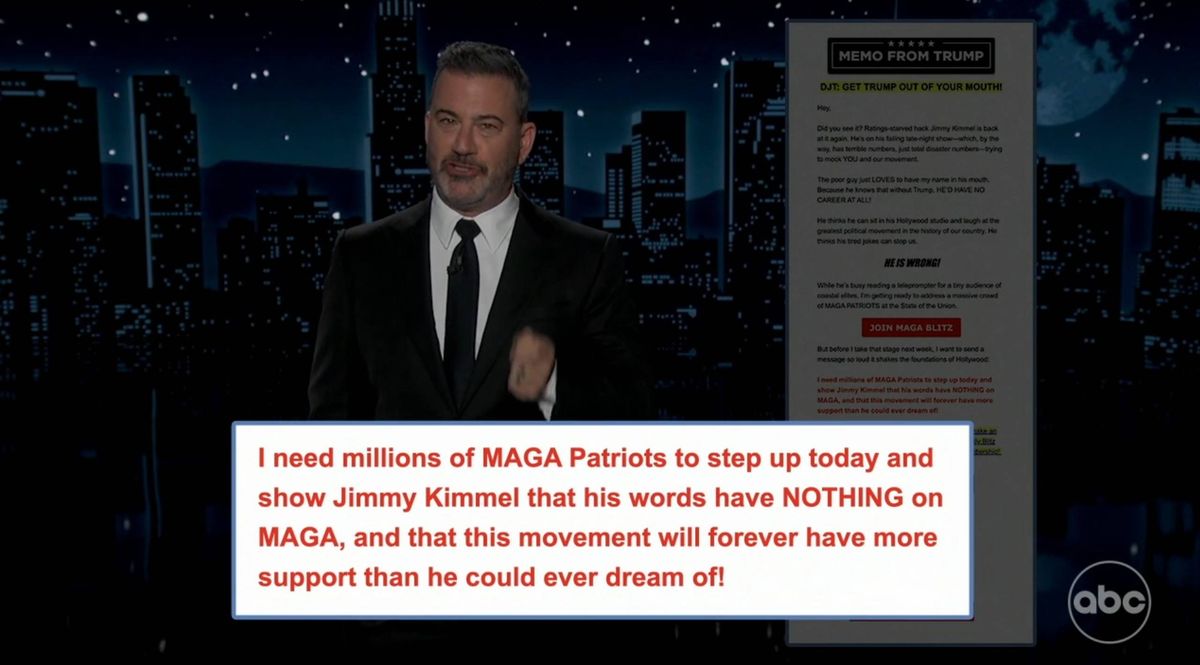 An individual dressed in a formal suit stands before a screen, addressing the audience with a text overlay that reads, "I need actions of MAGA Parties to step up today and show Jimmy Kimmel that his words have NO impact on BIGA, and that this movement will leave them with more support than he could ever dream of."