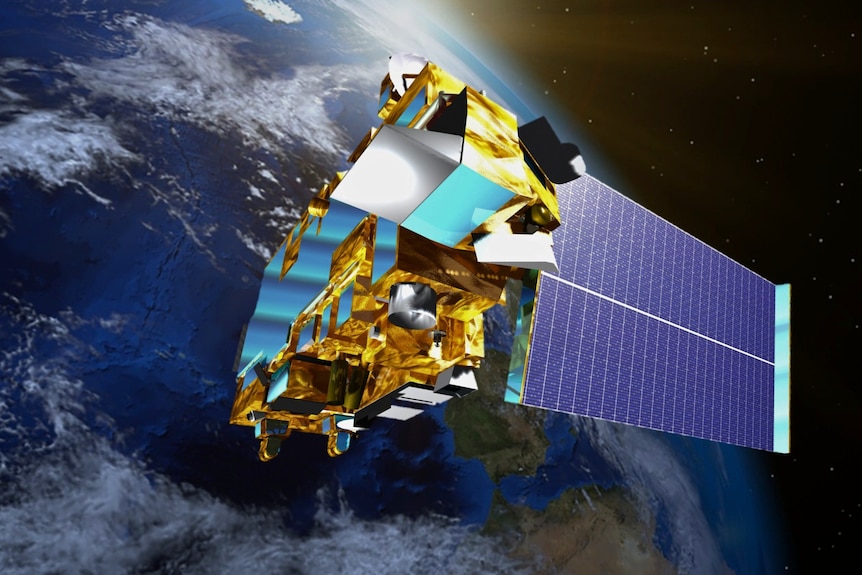 A render of a cuboid gold-plated satellite with a large solar panel array in space, orbiting the Earth.