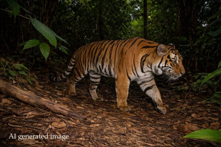 This faux-camera trap image of a tiger was created using ChatGPT.