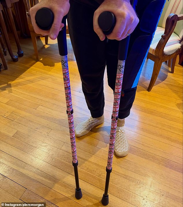 Sharing a picture with his walking aids, from website Cool Crutches, back at his London home, Piers wrote: 'Back home. Love my Breaking News @coolcrutches'