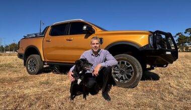 Kai Keller with his kelpie-cross Luna and their Ford Ranger