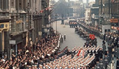 Sir Winston Churchill's coffin is carried down Whitehall during his state funeral on January 30, 1965