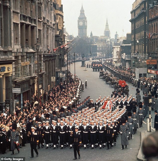 Sir Winston Churchill's coffin is carried down Whitehall during his state funeral on January 30, 1965