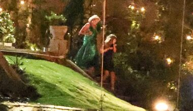Two of the women vying for the affections of the two Golden Bachelor 2026 contestants descend through the terraced gardens of the $115 million Tresco Estate mansion which was the scene of a raucous party until 4am earlier this month