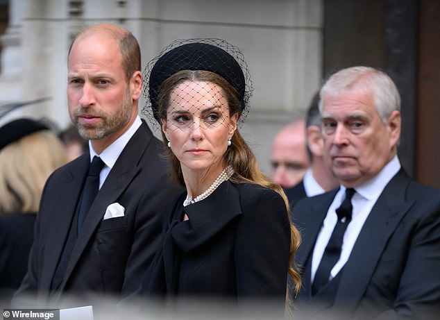 The Prince knows Charles’s reign will for ever be soiled by the institution’s response to the Andrew affair (William, Kate and Andrew at the Duchess of Kent's funeral last year)