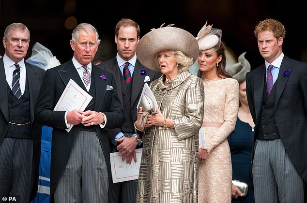 What separates William from his father is not his short fuse – King Charles has one, too – but his refusal to let it go (Left to right, Andrew, King Charles, William, Queen Camilla, Kate and Prince Harry)