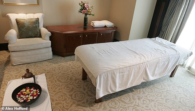 A massage bed with rumpled towels is seen in the 'Kuala Lumpur Suite', a 'presidential' suite in the Shangri-La Hotel in Jakarta shortly after Andrew checked out on April 8, 2011. According to hotel records, he had a 60-minute massage at 9.30pm the day before
