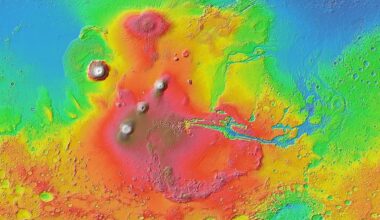 Mars Orbiter Laser Altimeter (MOLA) colorised topographic map of the western hemisphere of Mars, showing the Tharsis region of volcanoes (Credit : NASA / JPL-Caltech / Arizona State University)