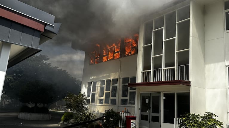 A fire burns from the second storey of a building at Taupo-nui-a-Tia College in Taupō.