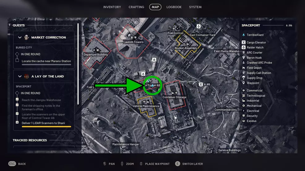 The location of the LiDAR scanners at Control Tower A6 for the A Lay of the Land quest in ARC Raiders.
