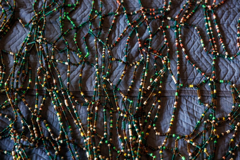Beads that cover costume of a wooly mammoth controlled by four dancers for “Nick Cave: Mammoth” a series by artist Nick Cave during a video shoot at the Theater by the Lake at North DuSable Lakeshore Drive and West Fullerton Parkway on the lakefront, Tuesday, Jan. 13, 2026.