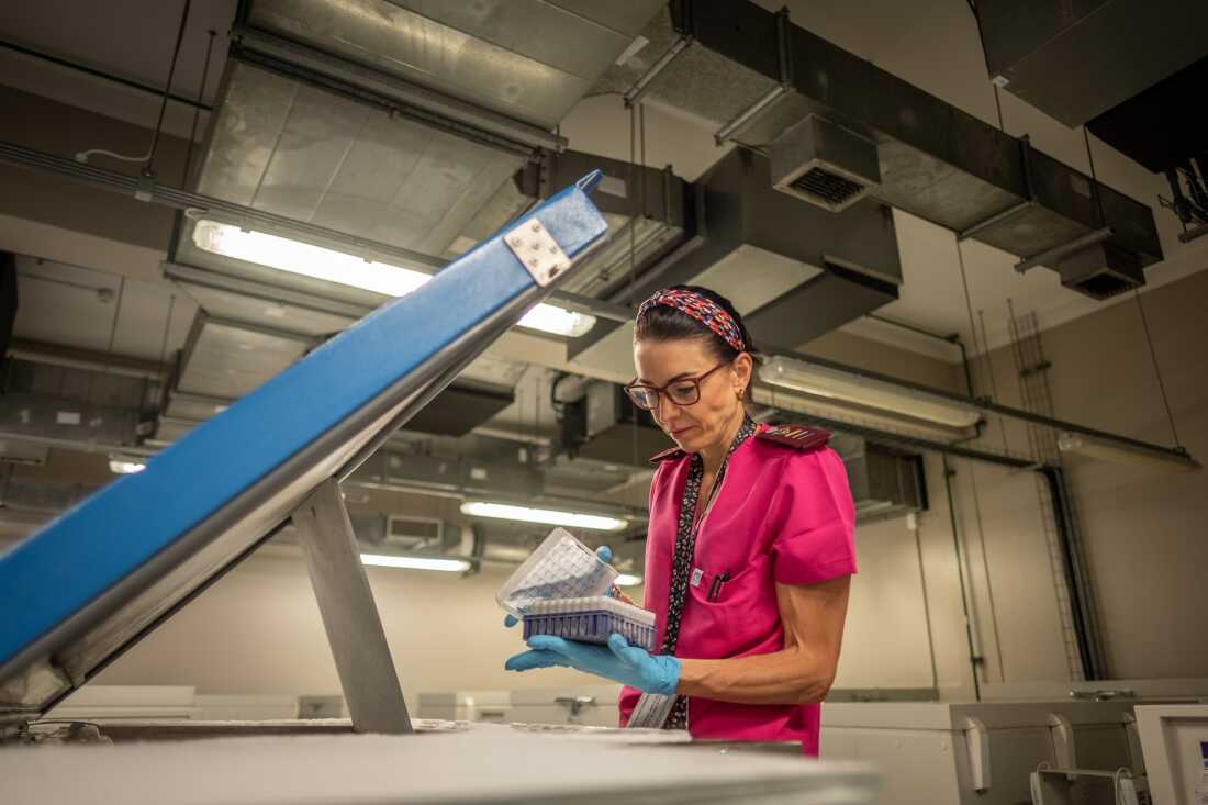Jacqui Thake, senior research nurse at Stellenbosch University, handles samples from the the DM199 trial at Tygerberg Hospital in Cape Town, South Africa. Thake is part of a team of researchers exploring a potential treatment for pre-eclampsia.
