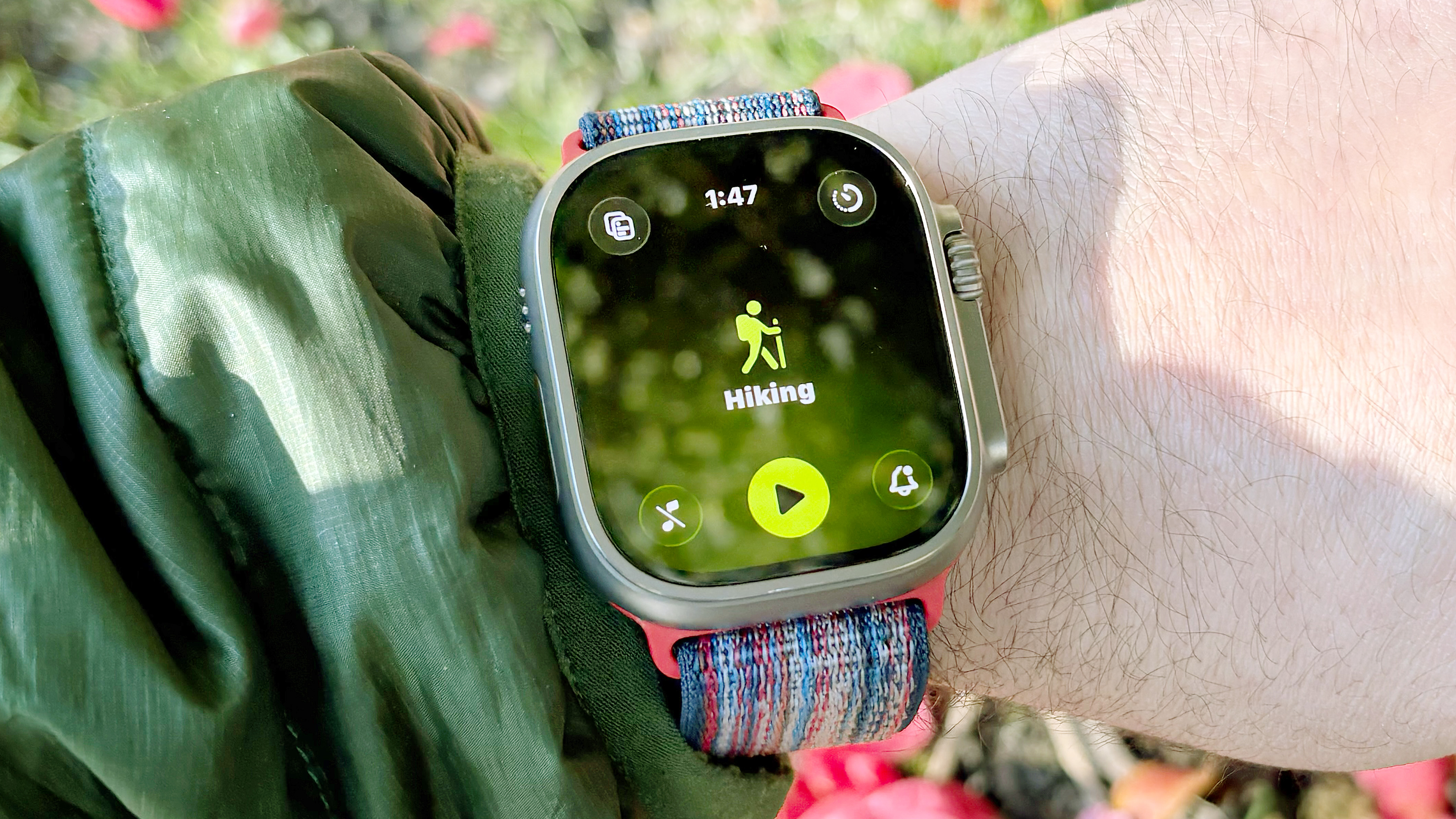 Close-up of the Apple Watch Ultra 3 showing the AllTrails hiking app