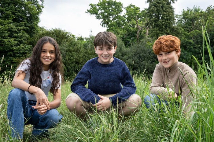 Dominic McLaughlin in the role of Harry Potter, Arabella Stanton as Hermione Granger, and Alastair Stout as Ron Weasley.