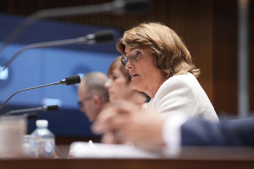 Side profile of Michele Bullock speaking in front of a microphone while sitting down.