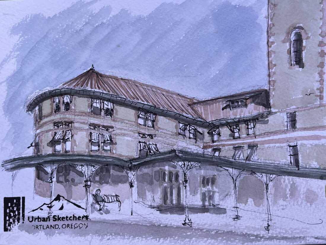 Portland's Union Station, captured in watercolor and pen by an artist at the Urban Sketchers Portland event.
