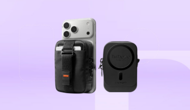 Left: Black magnetic pouch attached to phone, right: backside of pouch against lavender CNET background