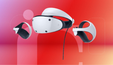 white sony PSVR 2 headset with black accents against red gradient
