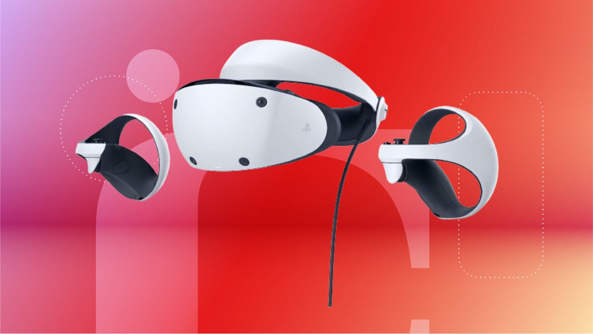 white sony PSVR 2 headset with black accents against red gradient