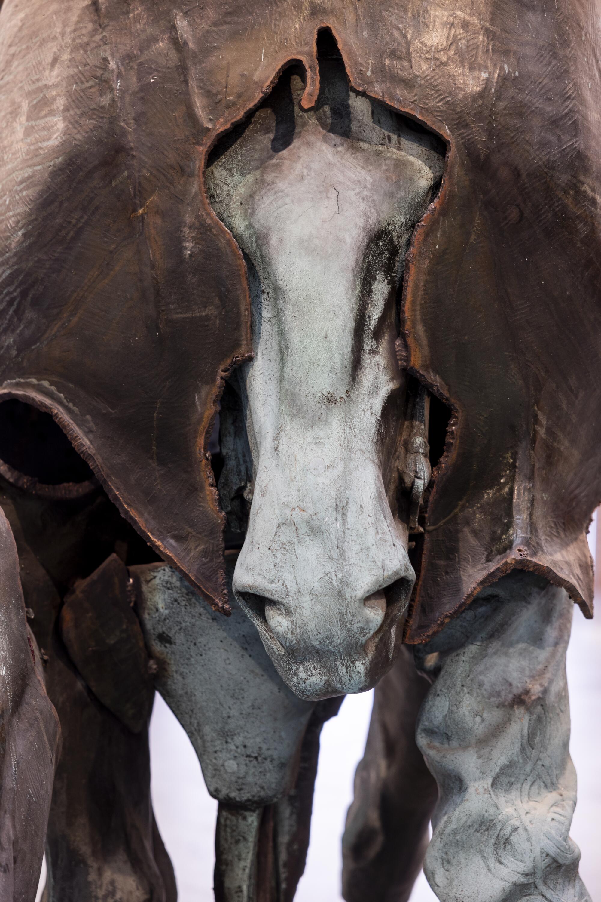 A detail of a horse’s nostril on a sculpture of Stonewall Jackson.