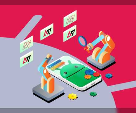 Isometric illustration of an Android smartphone with robotic automation arms beside it. (1)