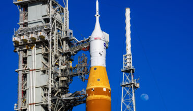 The Moon is seen behind the SLS (Space Launch System) and Orion spacecraft, atop the mobile launcher on January 28, 2026. The rocket is currently at Launch Pad 39B at NASA’s Kennedy Space Center in Florida, as teams are preparing for a wet dress rehearsal to practice timelines and procedures for the launch of Artemis II. 508 Description:The Moon is seen shining over the SLS (Space Launch System) and Orion spacecraft, atop the mobile launcher on January 29, 2026. The rocket is currently at Launch Pad 39B at NASA’s Kennedy Space Center in Florida, as teams are preparing for a wet dress rehearsal to practice timelines and procedures for the launch of Artemis II.