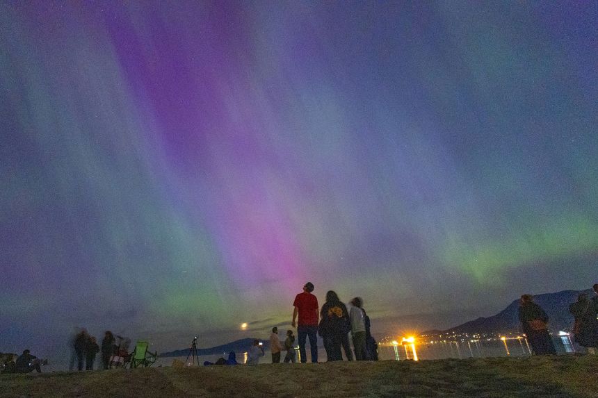 Auroras dance in the skies over Jericho Beach in Vancouver, British Columbia, in May, 2024, after a powerful solar storm reached Earth.