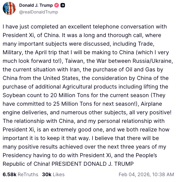 Donald Trump on Truth Social: "I have just completed an excellent telephone conversation with President Xi, of China"