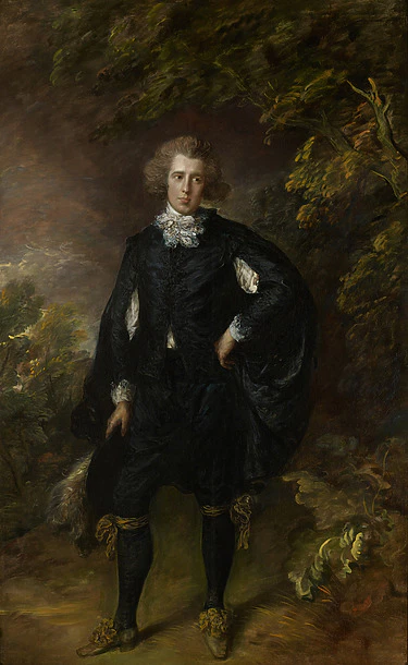 Portrait of a man in 18th-century attire standing in a lush landscape with a dark coat, lace collar, and ornate shoes.
