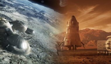 Artist's concepts show a moon village at left and a Mars habitat at right. (Left image: ESA. Right image: Team SEArch+/Apis Cor via NASA)