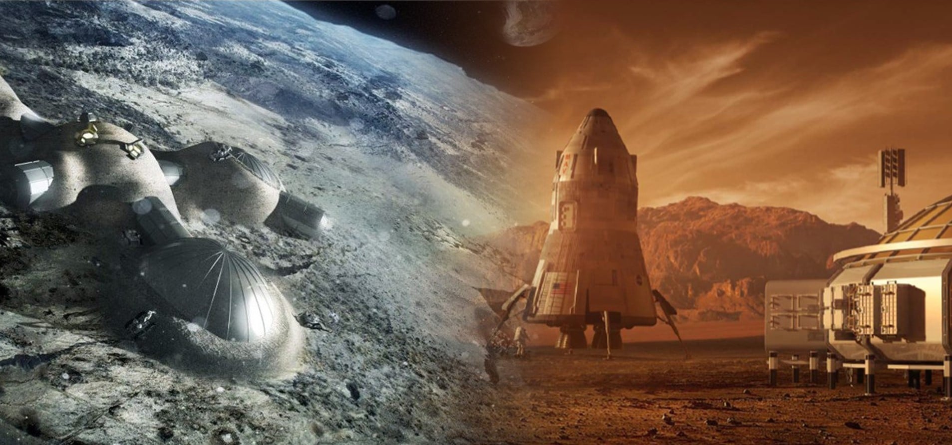 Artist's concepts show a moon village at left and a Mars habitat at right. (Left image: ESA. Right image: Team SEArch+/Apis Cor via NASA)