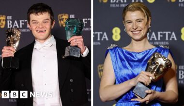 Hamnet's Jessie Buckley and I Swear's Robert Aramayo win big at the Baftas - BBC