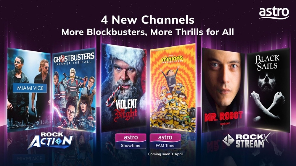 Starting March 1, 2026, customers subscribed to the Movies Pack and Astro One Epic Pack will get three new channels: Astro Showtime (CH 411), Rock Action (CH 414) and Rock X Stream (CH 415). A fourth channel, Astro FAM Time (CH 412), will be available from April 1, 2026. — SoyaCincau pic 