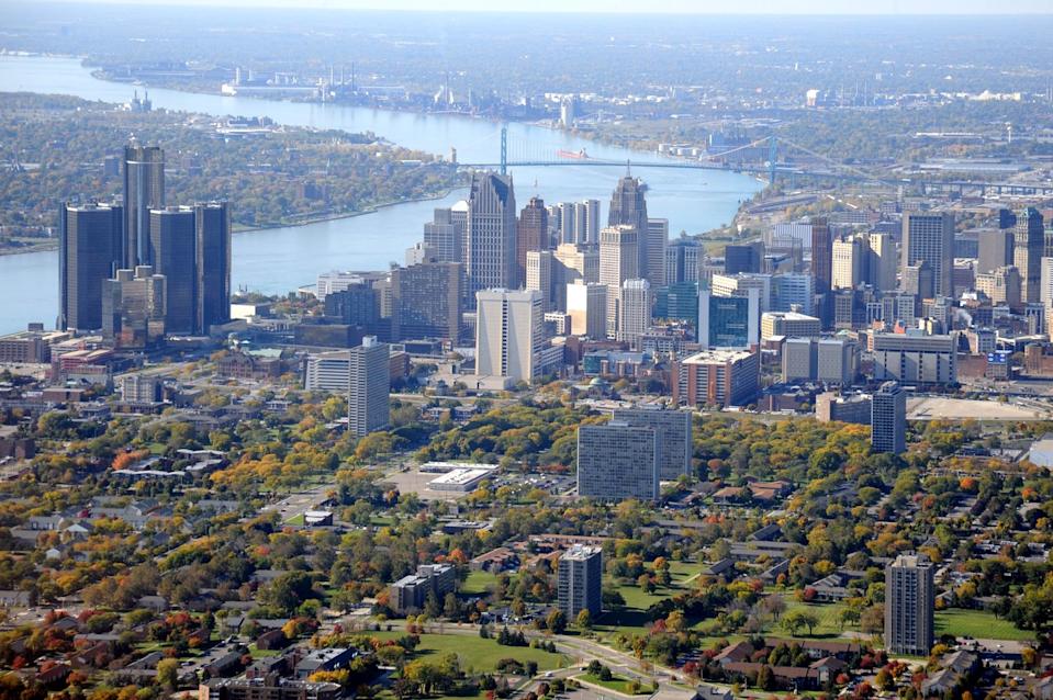 An aerial view of Detroit, Michigan.