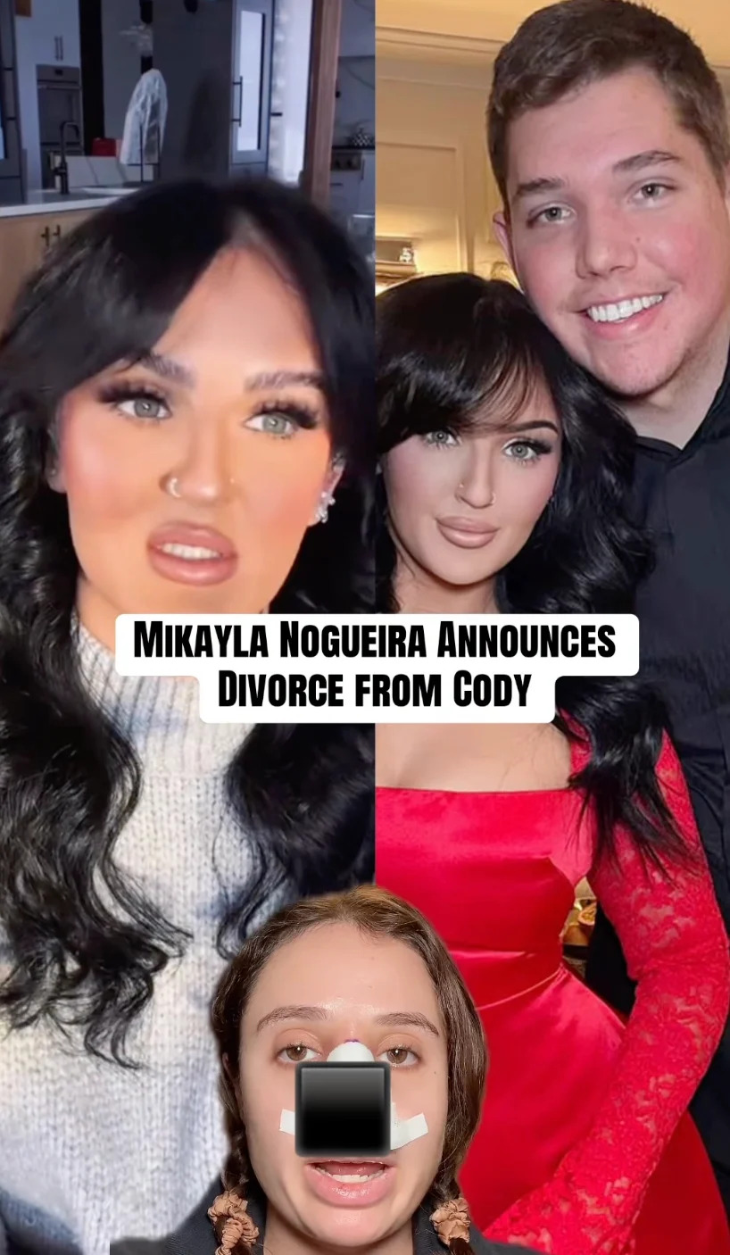 Collage with Mikayla Nogueira's split announcement text, formal event photo with Cody, and close-up of Mikayla with nasal strips