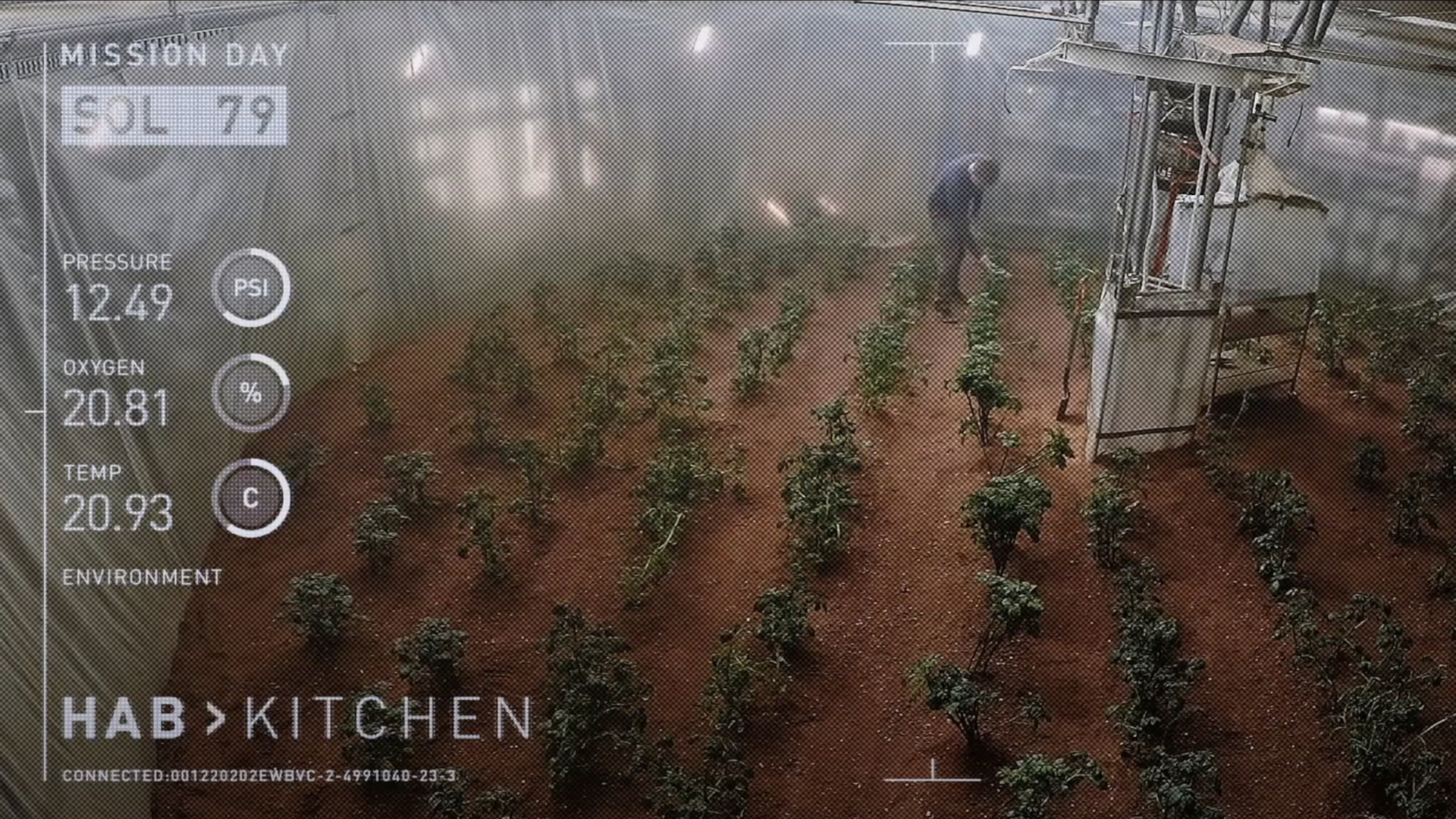 Screenshot from the 2015 movie "The Martian" showing Mark Watney's potato farm.