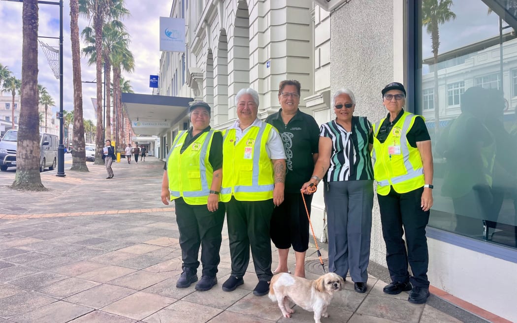 The Tairāwhiti Maori Warden team, from left, City Watch patroller Shelly Brown, regional chair Irene Paenga, deputy regional chair Raewyn Chaffey, regional coordinator Liz Albert with dog Cleo, and City Watch patroller Tina Wilson.