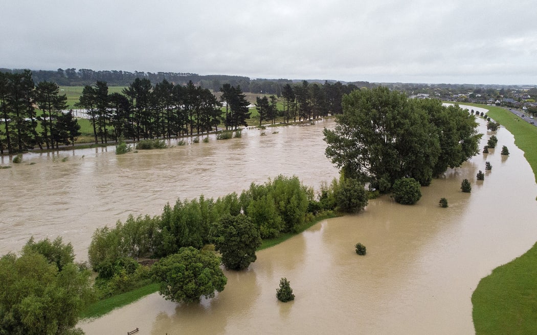 Manawatū River seen at capacity in Palmerston North during Cyclone Gabrielle.