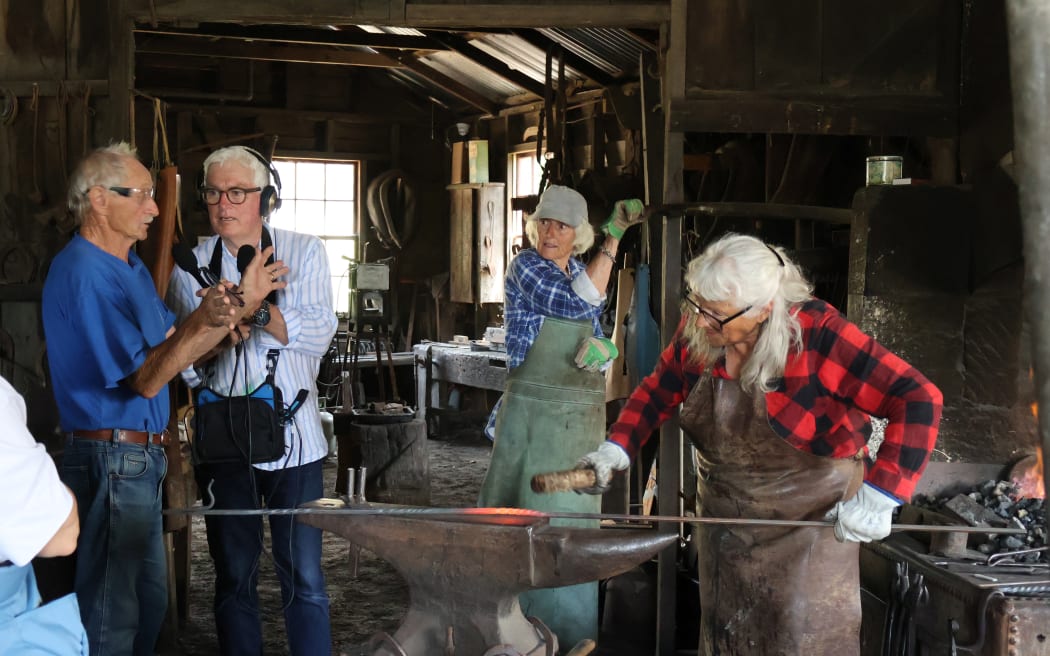 RNZ Country Life's Mark Leishman interviewing Colin Martin at Nicol's Blacksmith Shop Duntroon