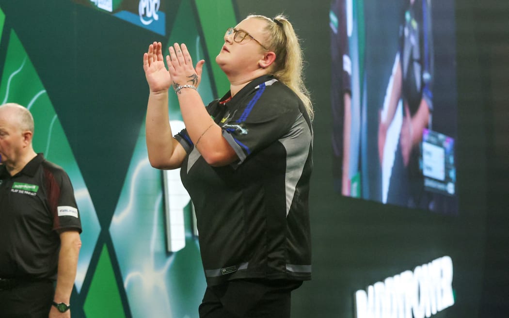 Beau Greaves reaction to missing a shot during the 2025/26 Paddy Power World Darts Championship on 19 December 2025 at Alexandra Palace in London, England - Photo Shane Healey / ProSportsImages / DPPI (Photo by Shane Healey / ProSportsImages / DPPI via AFP)