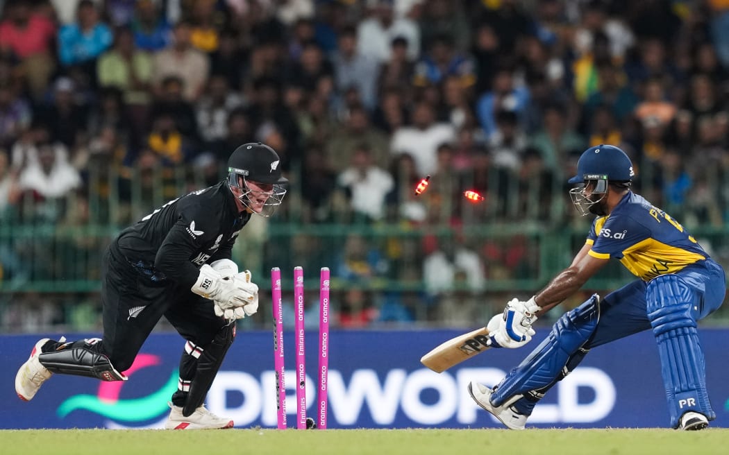 Sri Lanka's Pawan Tathnayake is stumped by Black Caps wicketkeeper Tim Seifert during the T20 World Cup Super 8 match in Colombo.