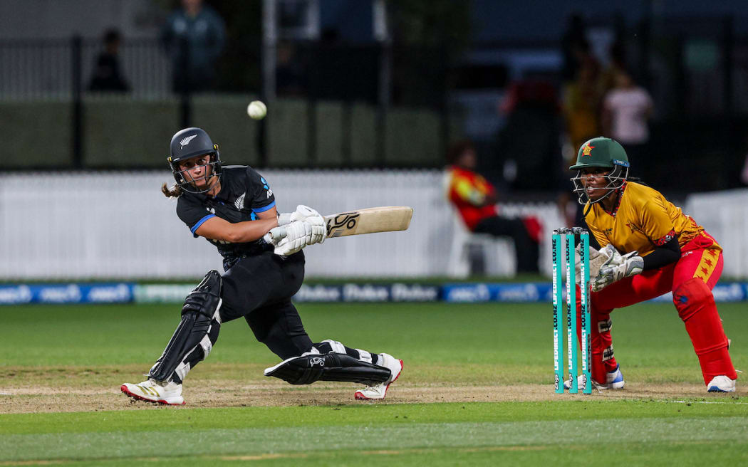 New Zealand's Izzy Gaze bats during the White Ferns vs Zimbabwe Women, Twenty20 International cricket match at Seddon Park, Hamilton, New Zealand on Wednesday 25 February 2026. Photo: DJ Mills / Photosport