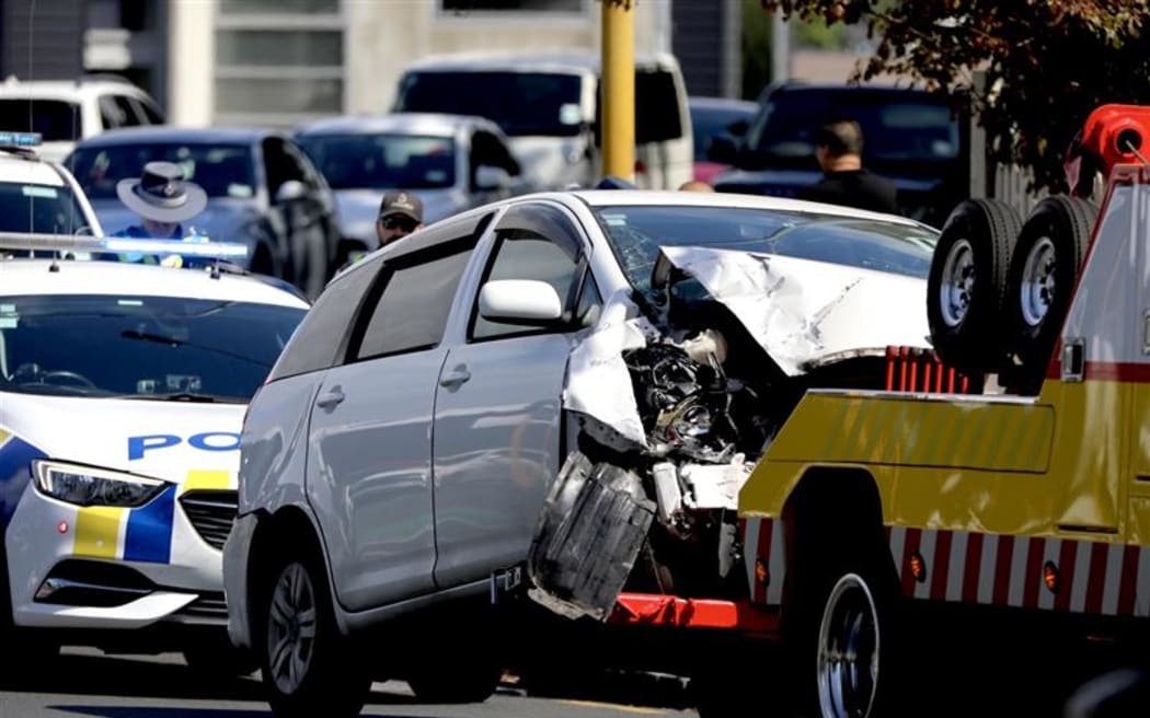The scene of a crash involving a car and bus in the Auckland suburb of Grafton.