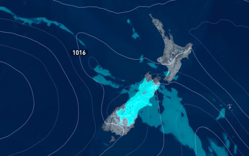 NIWA's map shows rain is set to hit the South Island by 6pm on Thursday.