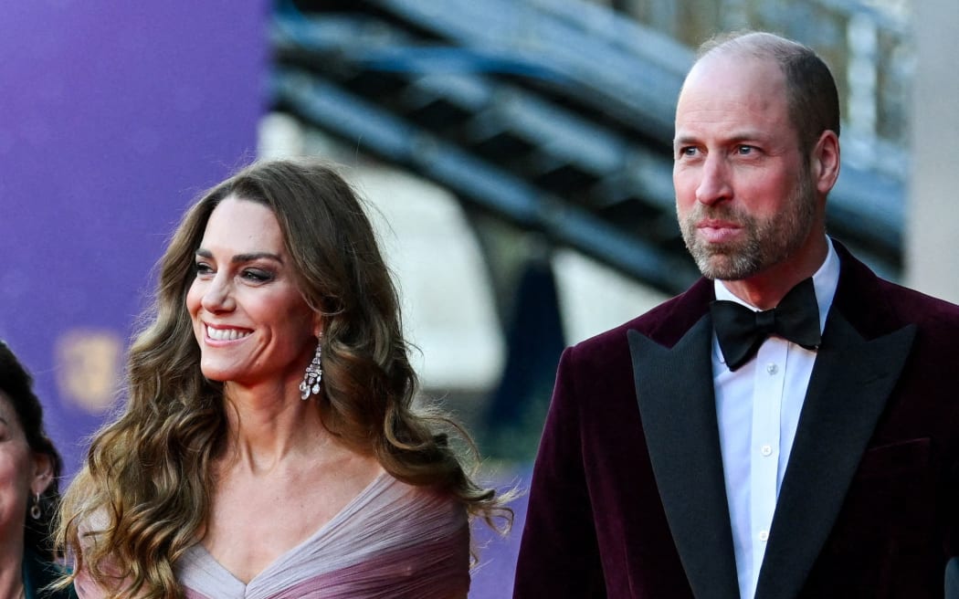 Britain's Catherine, Princess of Wales and Britain's Prince William, Prince of Wales, together with arrive with Jane Millichip, CEO of the British Academy of Film and Television Arts and Lord-Lieutenant of Greater London Ken Olisa arrive at the BAFTA British Academy Film Awards at the Royal Festival Hall, Southbank Centre, in London, on February 22, 2026.